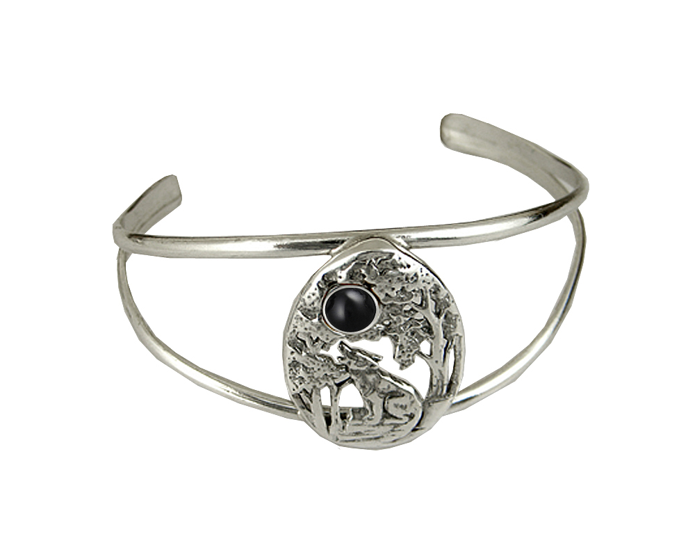 Sterling Silver Howling Wolf Cuff Bracelet With Black Onyx